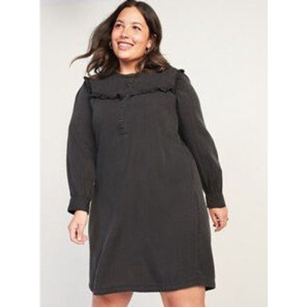 Old NavyMidi Dress Faded Black Long Sleeve Ruffled Neck Button Up Casual XL